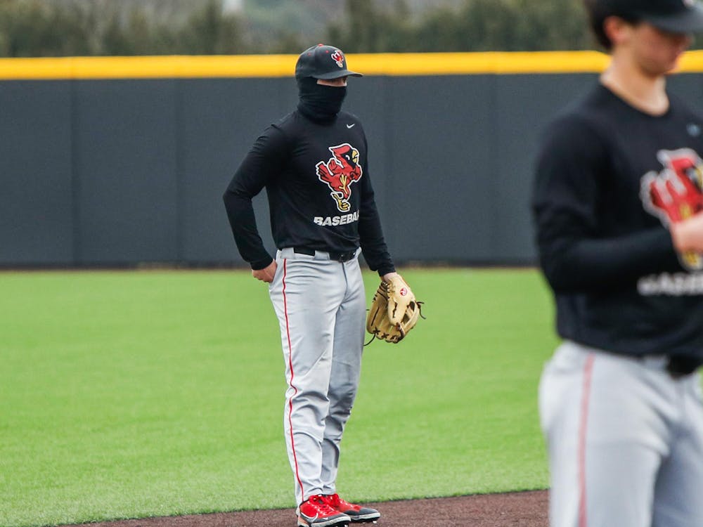 Ball State baseball player stands ready for the next batter during a practice scrimmage Jan. 26 at First Merchants Ballpark Complex. Andrew Berger, DN&nbsp;