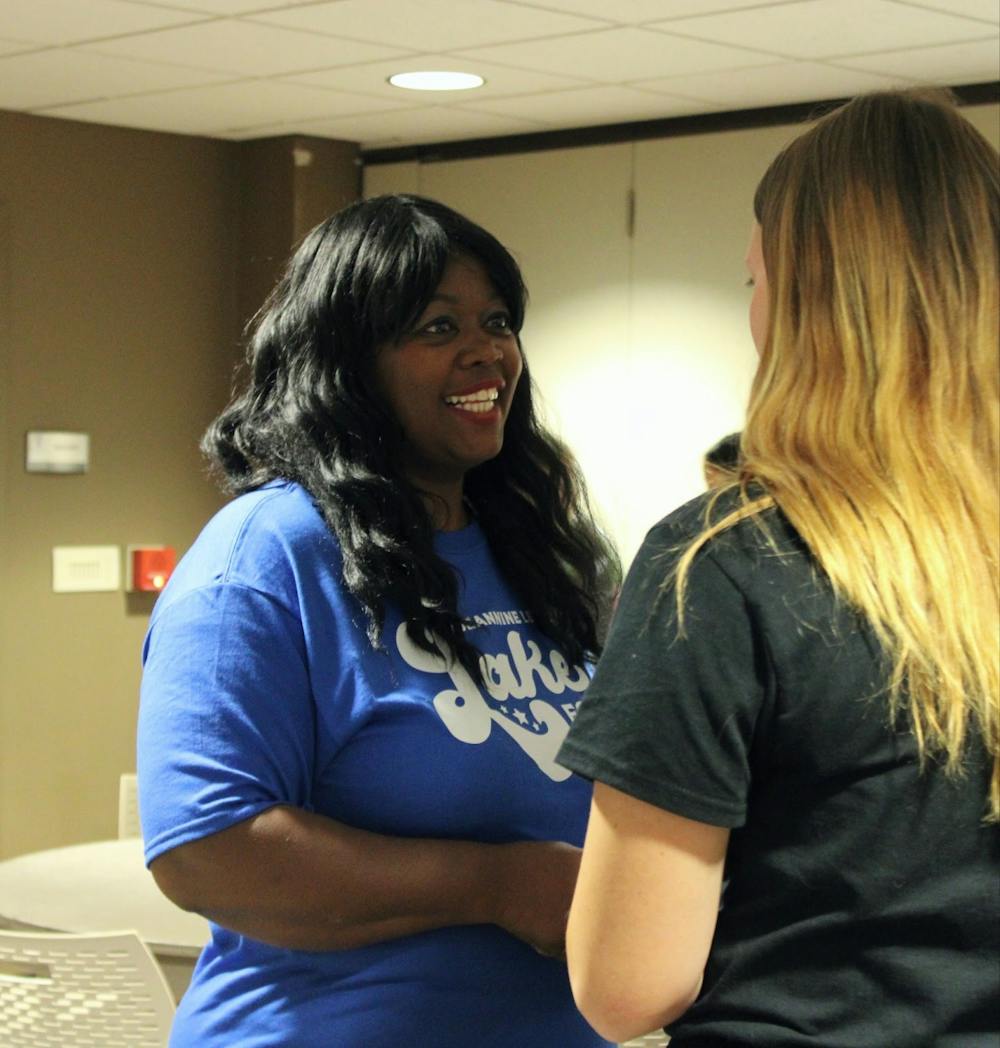 <p>U.S. House candidate for Indiana District 5 Jeanine Lee Lake speaks to Sarah Owens, the director of affairs for the Ball State College Democrats, in the L.A. Pittenger Student Center  Sept. 22. Lake is running against Republican incumbent Victoria Spartz in the midterm elections.<strong> Sarah Olsen, DN</strong></p>