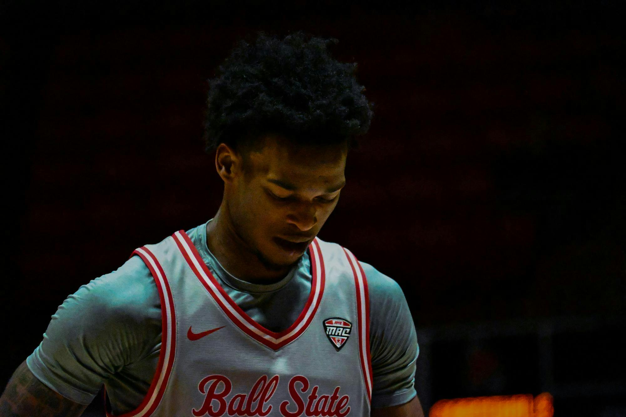 Redshirt freshman forward Jai Anthoni Bearden rests between gameplay on Jan. 6 at Worthen Arena. Ayslin Bowman, DN