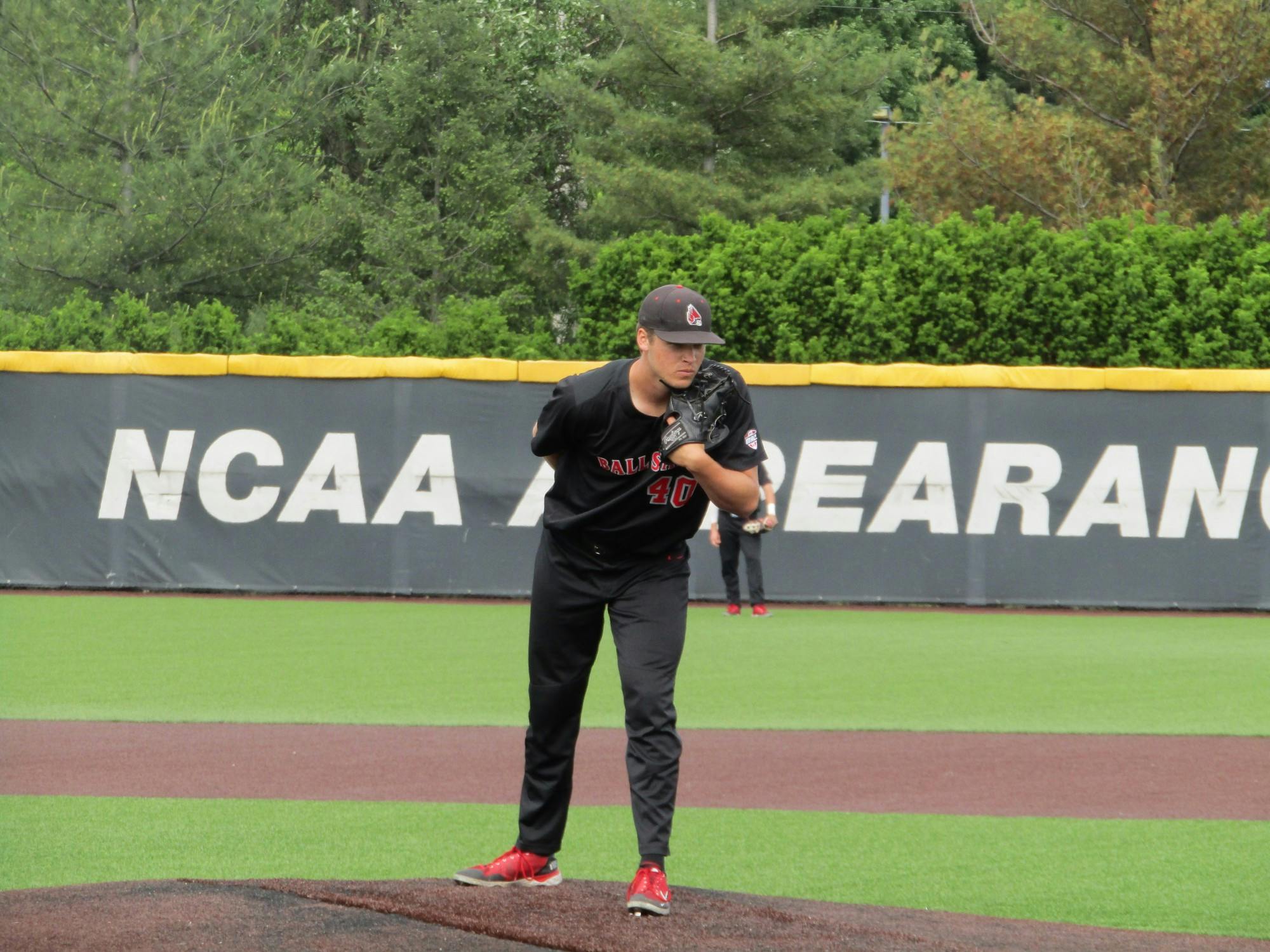 Ball State sophomore right handed pitcher Sam Klein looks in to junior catcher CJ Horn for his sign during the Cardinals 9-7 victory over Central Michigan in the 2022 MAC Baseball Championship Tournament in Muncie, Indiana, May 27, 2022. Klein recorded his 11th save of the season and struck out three Chippewas. (Kyle Smedley/DN)
