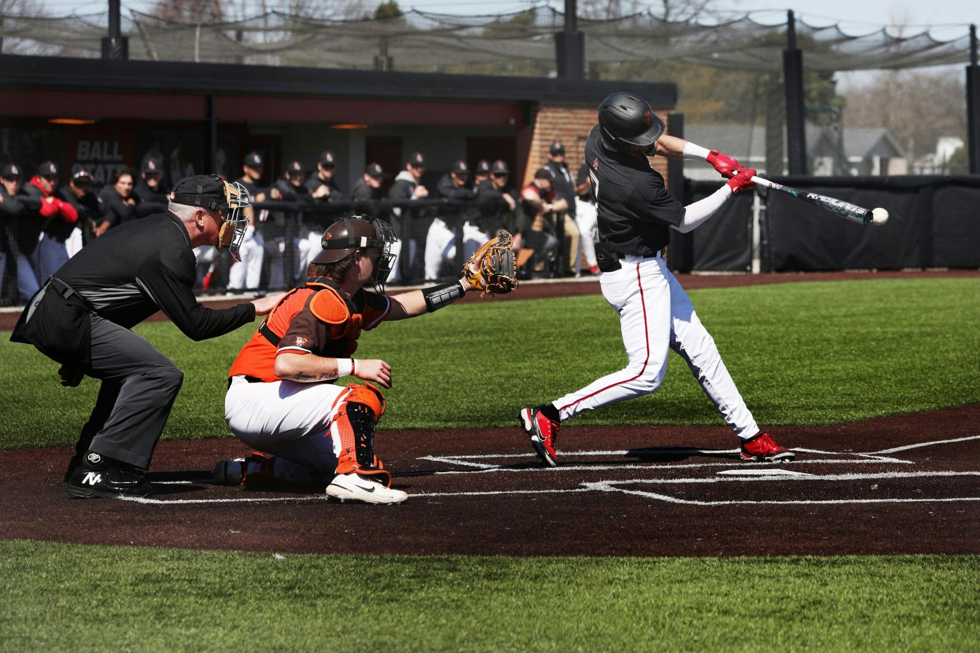 Senior infielder Ryan Peltier hits the ball in a game against Bowling Green March 20 at First Merchants Ballpark. Peltier had one run during the game. Amber Pietz, DN