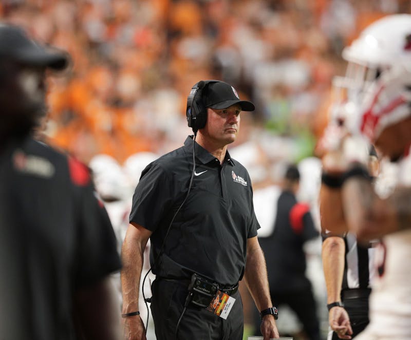 Ball State head coach Mike Neu stands on the sidelines in a game against Tennessee Sept. 1 at Neyland Stadium in Knoxville, Tenn. The Cardinals fell to the Vols 59-10. Jacy Bradley, DN