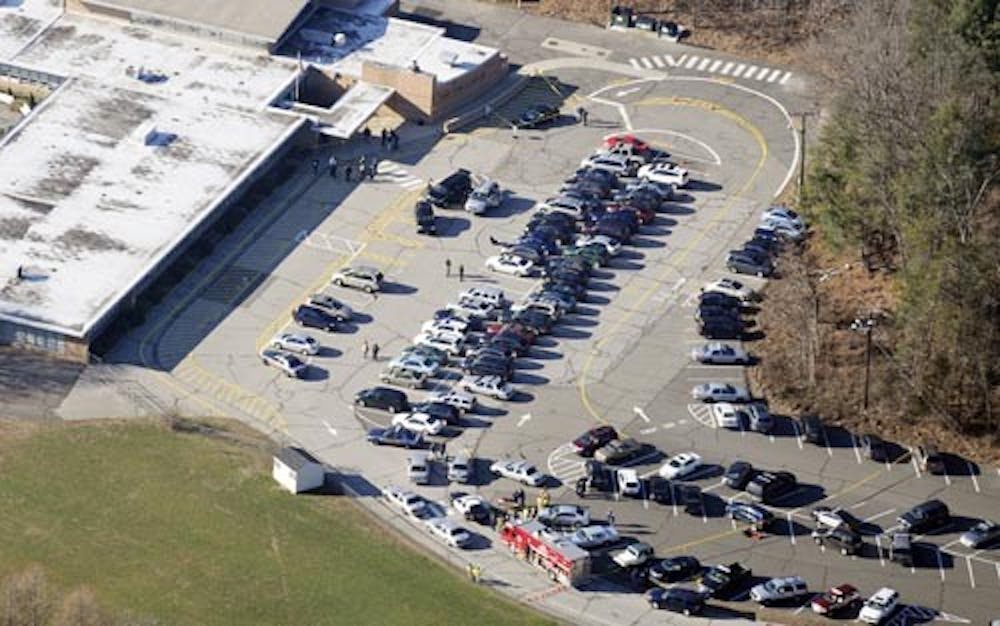 An aerial view of Sandy Hook Elementary School in Newtown, Conn., on Dec. 14, 2012. Twenty-six people, including 20 children, were killed in a shooting at the school. Some Newtown residents are asking for the school to be demolished so a memorial can be built. MCT PHOTO