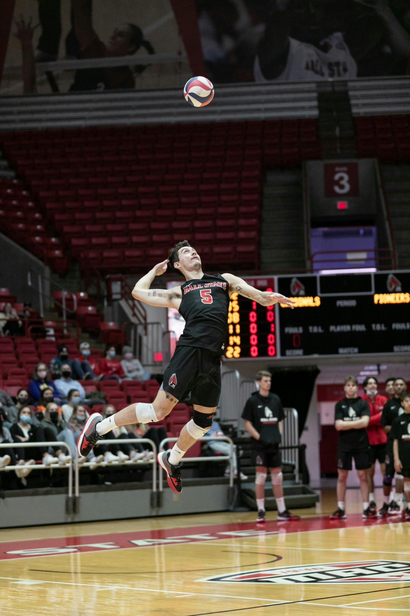 Graduate Student Quinn Iasscson (5) serves the ball towards the Tusculum University side of the net Jan. 15 at Worthern Arena. Iasscson had 5 aces against the Pioneers, winning their second game of the year. Eli Houser, DN