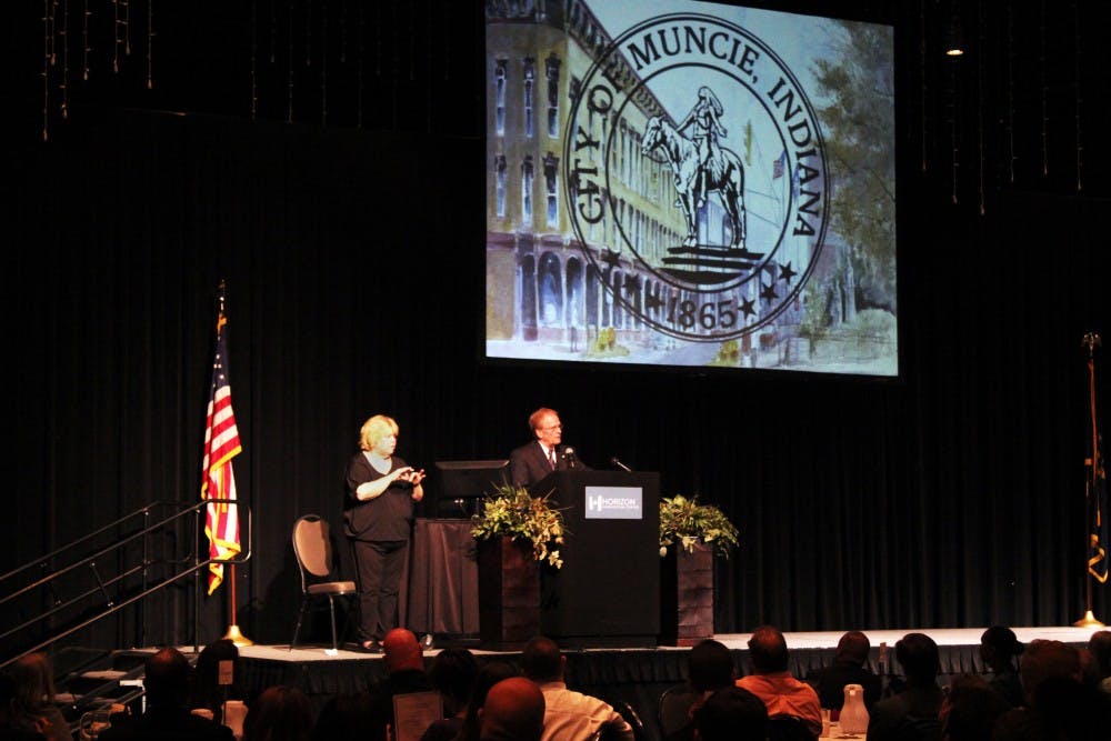 <p>City of Muncie Mayor Dennis Tyler spoke to community members, officials&nbsp;and students on Tuesday and gave his annual State of the City Address. He focused&nbsp;on economic development, the drug epidemic, Muncie City Schools and other topics.<em>&nbsp;Andrew Smith // DN</em></p>