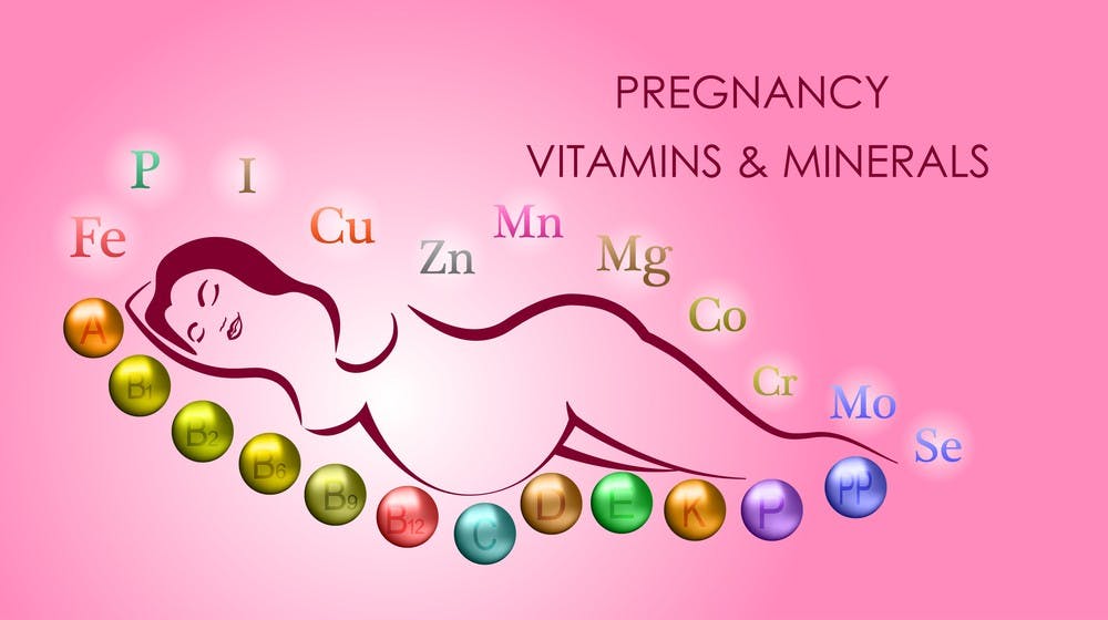 ILLUSTRATION OF PREGNANT WOMAN. VITAMINS AND MINERALS