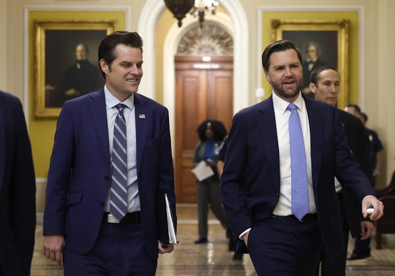 WASHINGTON, DC - NOVEMBER 20: Former U.S. Rep. Matt Gaetz (R-FL) (L) the President-elect Donald Trump's nominee to be Attorney General walks alongside Vice President-elect JD Vance (R) as they arrive for meetings with Senators at the U.S. Capitol on November 20, 2024 in Washington, DC. Gaetz is meeting with Senators as his nomination for Attorney General is under fire following a House Ethics Committee report that is expected to detail allegations of sexual misconduct. (Photo by Kevin Dietsch/Getty Images)