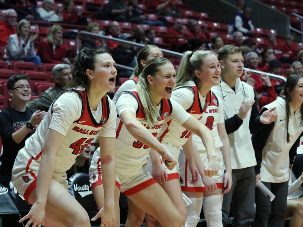 Senior forward Annie Rauch (left), redshirt senior guard Anna Clephane (middle), and graduate student Thelma Dis Agustdottir (right) celebrates a made basket in a game against Akron Jan. 25 at Worthen Arena. The Cardinals dominated the Zips as they won 89-66. Brayden Goins, DN