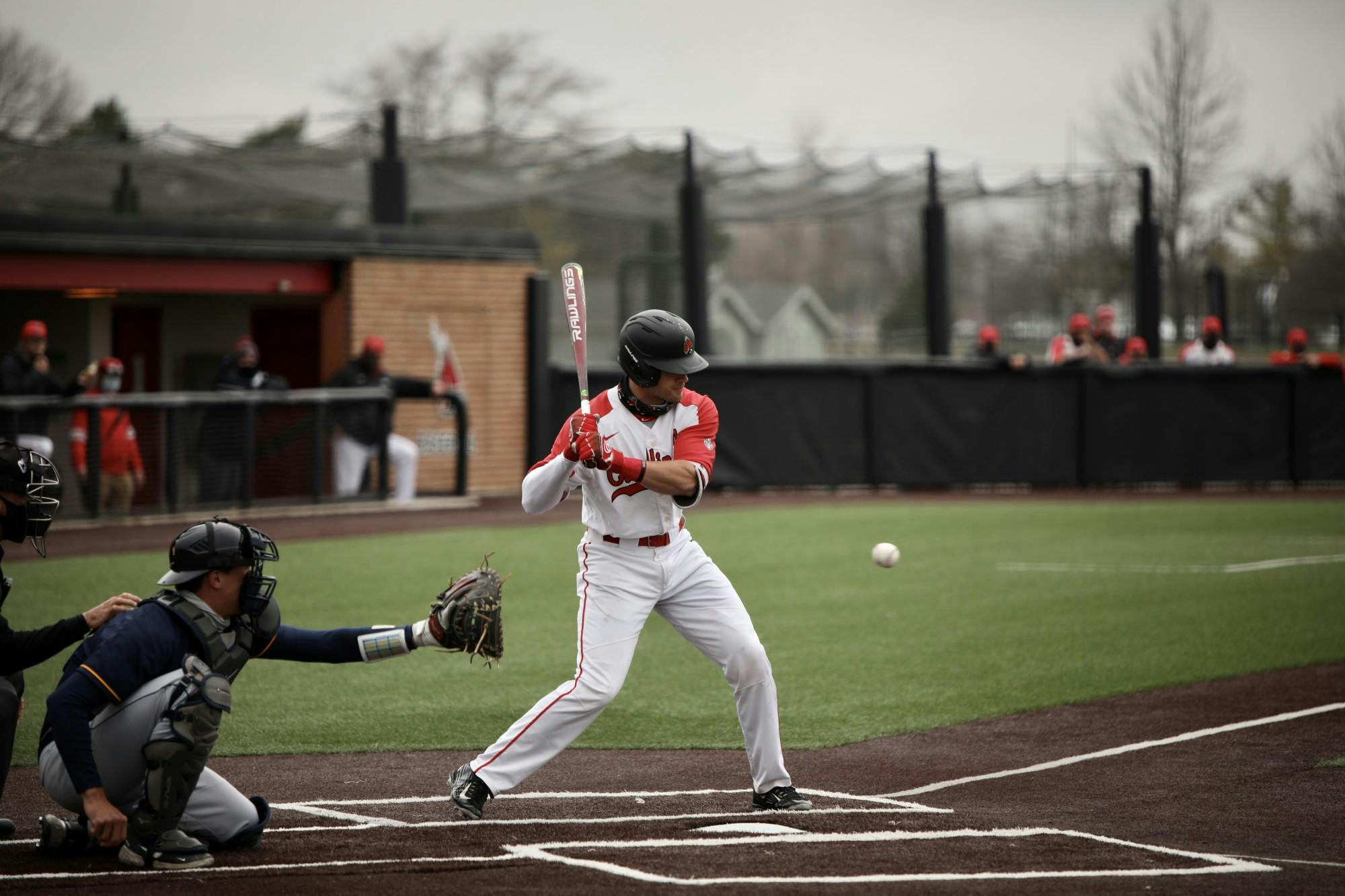 Junior second baseman Noah Navarro prepares to hit the ball March 26, 2021, at First Merchants Ballpark Complex. The Cardinals won 7-6 against the Rockets. Rylan Capper, DN  