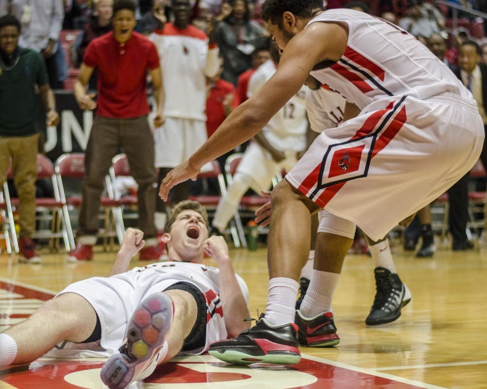 Senior center Matt Kamieniecki celebrates after play during the game against Indiana State on Dec. 6 at Worthen Arena. DN PHOTO BREANNA DAUGHERTY