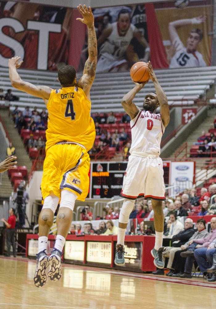 Sophomore guard Francis Kiapway goes up for a shot during the game against Kent State on Jan. 19 at Worthen Arena. DN PHOTO BREANNA DAUGHERTY