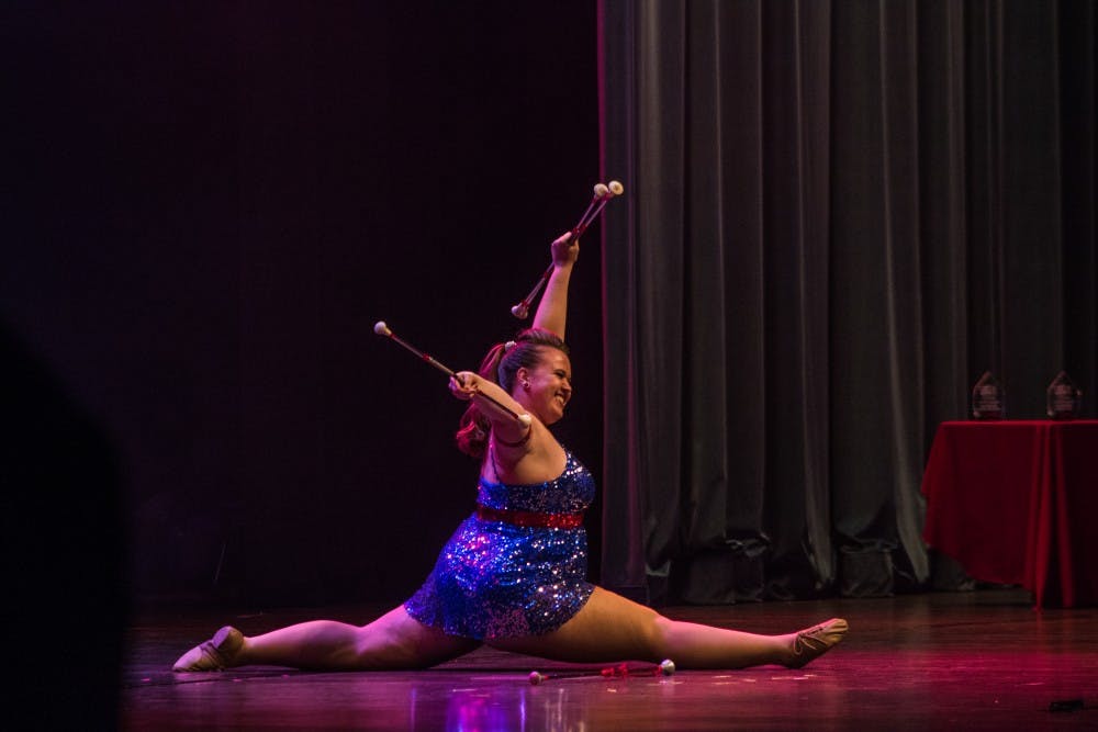Sarah Hirschbeck performs a baton routine to "Spider-man" at the annual Talent Search at Emens Auditorium. Hirschbeck won in the freestyle category and overall, winning a total of $1,000 in scholarship money. Reagan Allen // DN