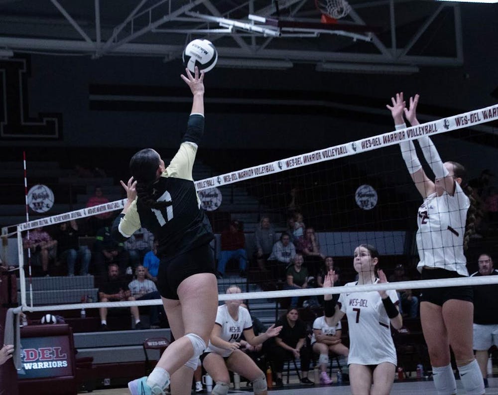 Daleville sophomore Maddie Rees hits the ball Aug. 20  a match against Wes-Del at Wes-Del Junior/Senior High School. Daleville won the match 3-0. David Moore, DN.

