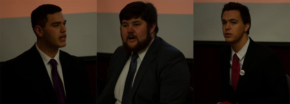 (Left to right) Presidential candidates Aiden Medellin, Jake Biller and Julian Simmerman of the Elevate, United and Empower slates respectively, speak at the Student Government Association (SGA) Presidential Town Hall Debate, Feb. 19, 2019, at the Art and Journalism building, room 175. Tuesday's debate is the last of the three debates before voting opens for the SGA Elections, Feb. 25-26. Scott Fleener, DN
