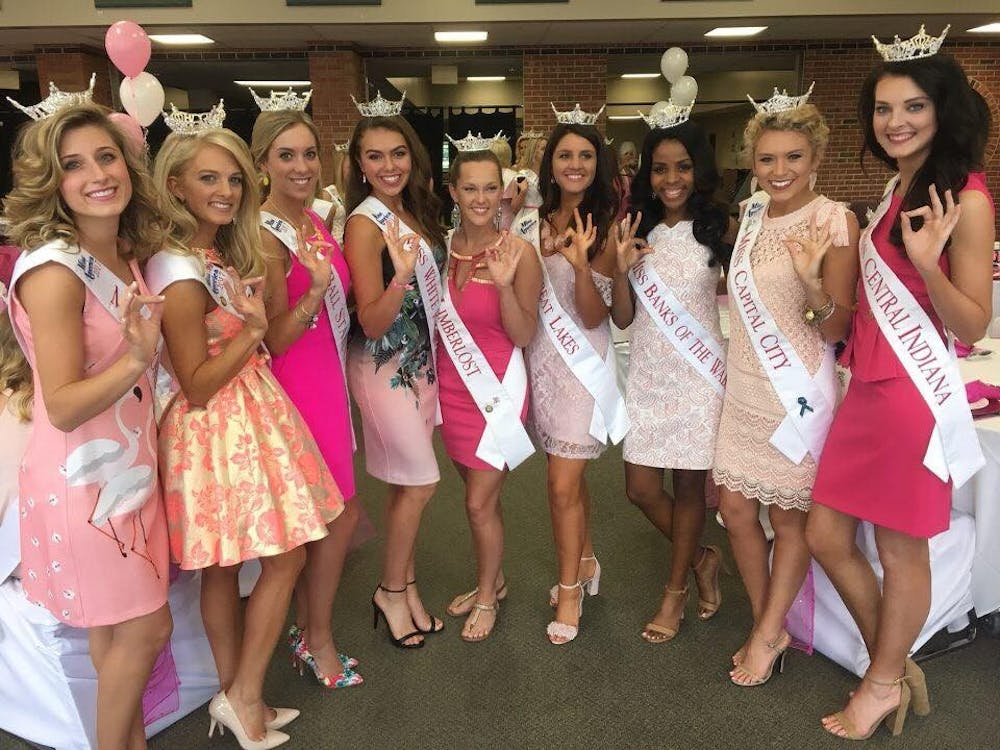 <p>Madeline May, Chelsea Smith, Samantha Johnson, Samantha Robbins, Lauren Butler, Demie Johnson, Kirsten Davenport, Laura Merida and Kayla Bruner competed in the Miss Indiana pageant on June 17. <em>Photo Provided</em></p>