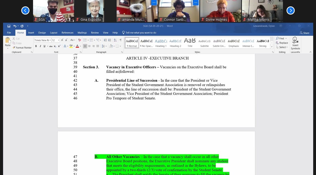 SGA Senate looks at Senator James Wells&#x27; proposed amendment on filling vacancies and the line of succession at the Oct. 28 Zoom meeting. The amendment passed 46-0, with three abstentions. Maya Wilkins, Screenshot Capture