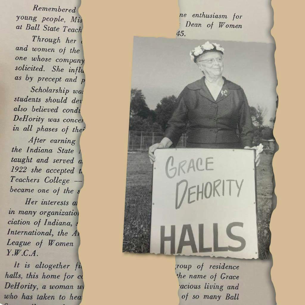 Grace DeHority poses for a photo at the dedication of DeHority Hall in 1960, Ball State University Libraries' Archives and Special Collections, photo provided. Anna Howarth, Ball Bearings photo illustration. 