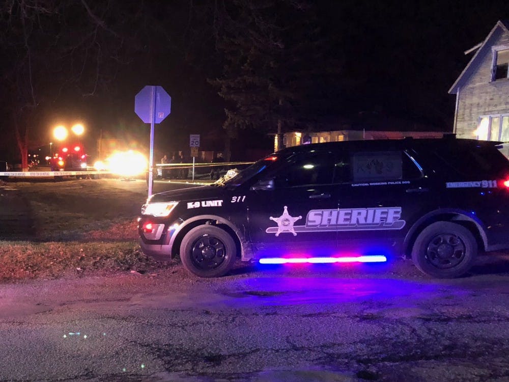 <p>A male is receiving non-life threatening treatment after being shot by a Delaware County deputy on Tuesday, Jan. 30, 2018. Officers were called to a home in Eaton, Indiana around 9 p.m. for a domestic disturbance. <strong>Andrew Smith, DN Photo</strong></p>