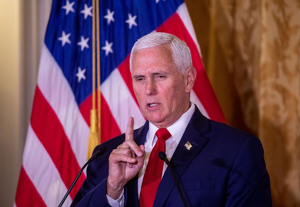 Former Vice President Mike Pence speaks at the Nixon National Energy Conference at The Richard Nixon Presidential Library and Museum in Yorba Linda, California, on April 19, 2023. (Allen J. Schaben/Los Angeles Times/TNS)