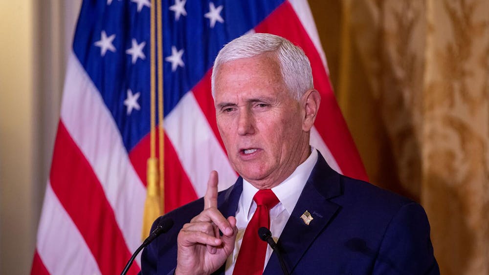 Former Vice President Mike Pence speaks at the Nixon National Energy Conference at The Richard Nixon Presidential Library and Museum in Yorba Linda, California, on April 19, 2023. (Allen J. Schaben/Los Angeles Times/TNS)