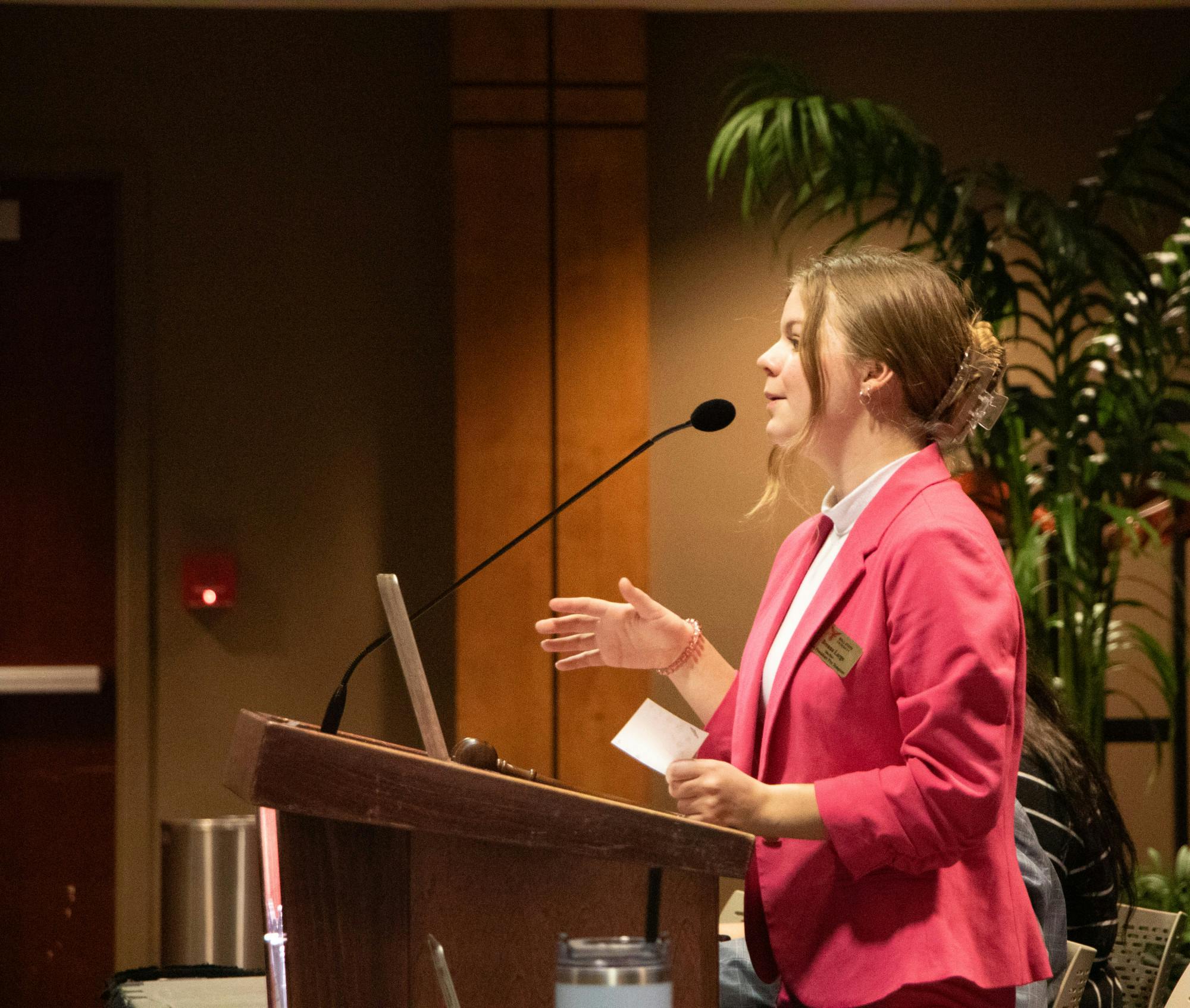 Ball State University Student Government Association President Pro Tempore Brenna Large announces her executive report Jan. 24 in the L.A. Pittenger Student Center. The Elections Board Commission Sheriff was elected.  Hannah Amos, DN