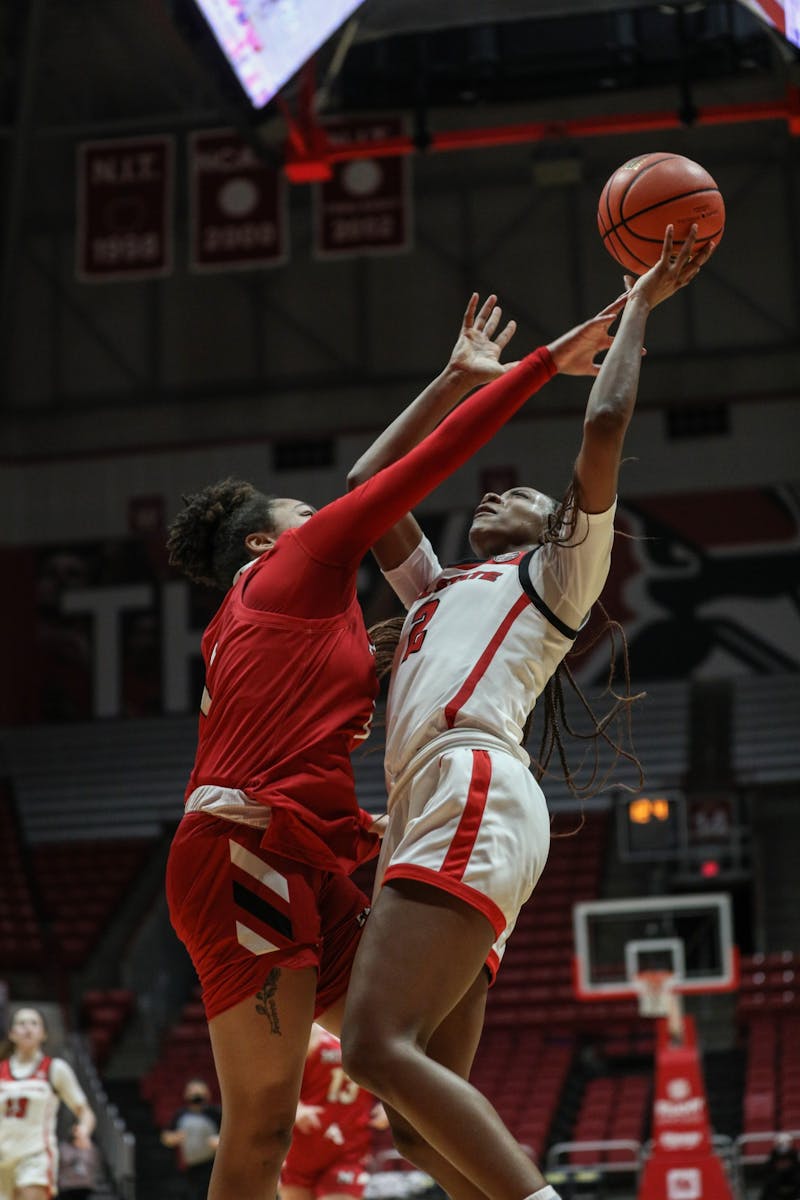 Graduate Student Chyna Latimer atempts a layup coming off of a fast-break Jan. 24 at Worthen Arena. Latimer's performance of 17 points and 10 rebounds helped the Cardinals hold back Miami (OH) University, winning 67-64. Eli Houser, DN