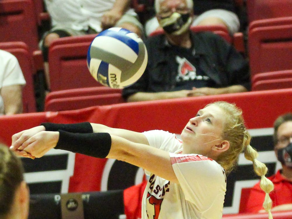 5th year outside hitter Jaclyn Bulmahn digs the ball to get the play going against Northern Kentucky in Worthen Arena Sept. 17. The Cardinals are 9-2 for the season after beating Northern Kentucky in three sets. Jacy Bradley, DN