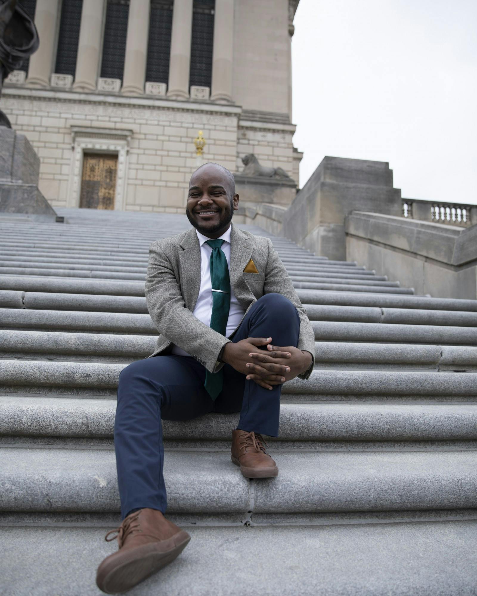 Aaron Paige, assistant professor of music, poses for a photo March 28, 2021, at the Indiana War Memorial in Indianapolis. As a musician, Paige said he wants to always elevate and push the boundaries of his art. As a professor, Paige said he wants his students to have that same “hunger” for change as he does. Jacob Musselman, DN