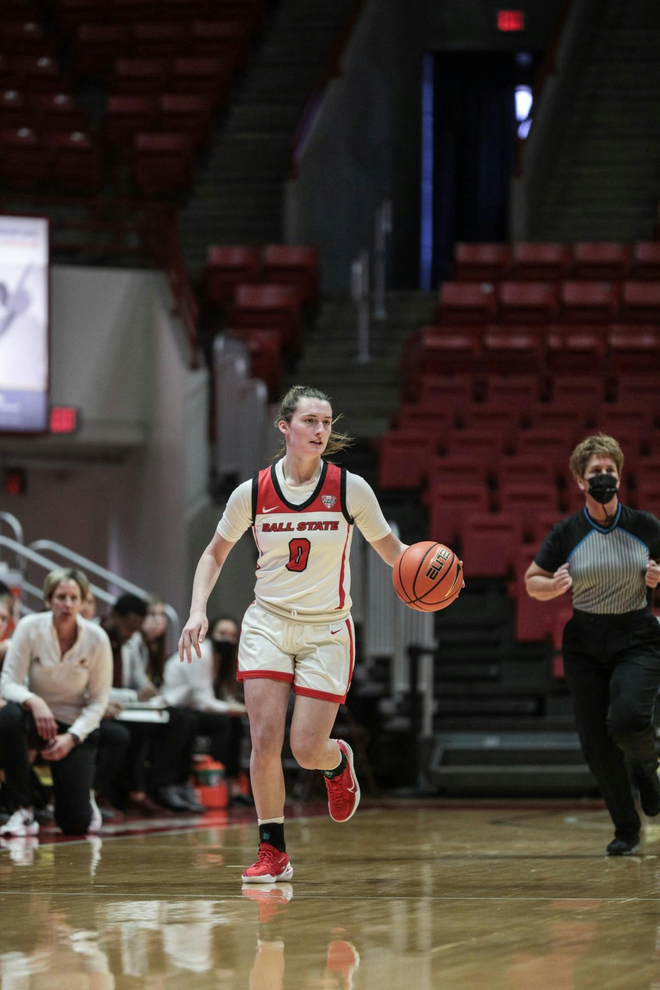 Freshman Ally Becki (0) brings the ball down the court Jan. 22 at Worthern Arena. Becki's 9 points helped the Cardinals beat Central Michigan University. Eli Houser, DN