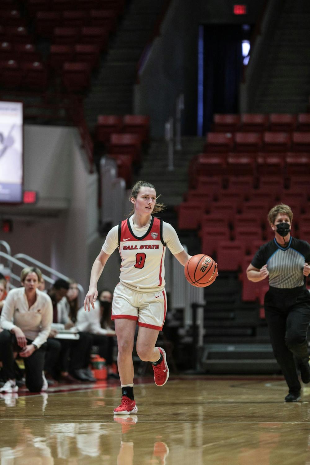 Freshman Ally Becki (0) brings the ball down the court Jan. 22 at Worthern Arena. Becki's 9 points helped the Cardinals beat Central Michigan University. Eli Houser, DN