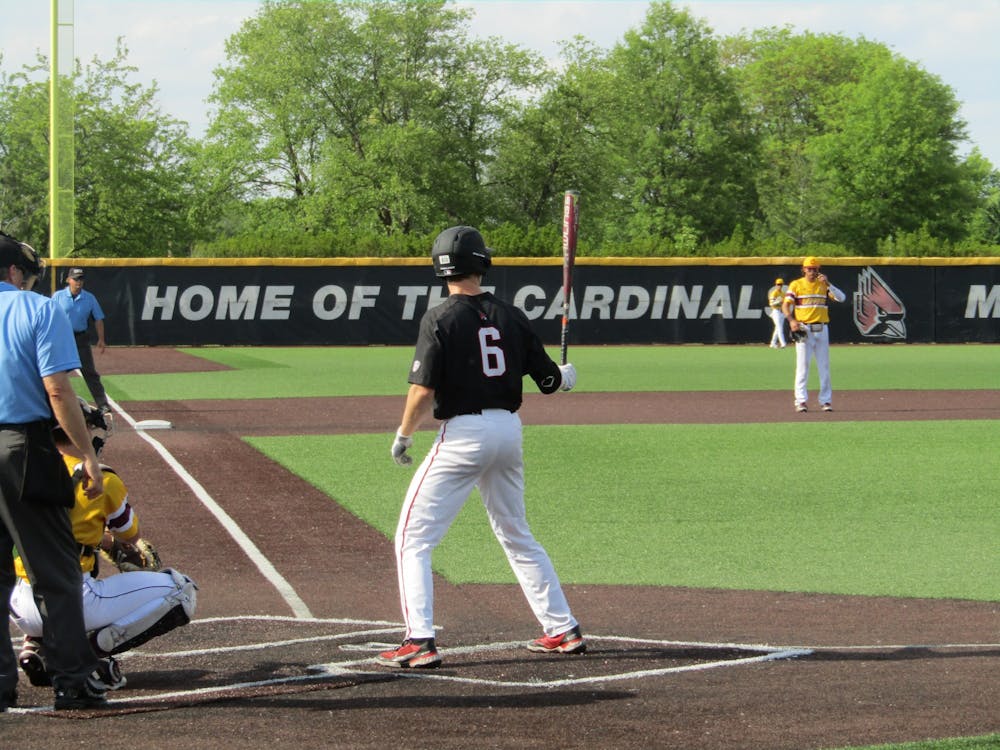 Ball State Baseball junior left fielder Zach Cole stands at the plate during the Cardinals 12-3 MAC Baseball Championship Tournament loss to Central Michigan May 28, 2022, in Muncie, Indiana. Cole hit a solo home run in the contest. (Kyle Smedley/DN)