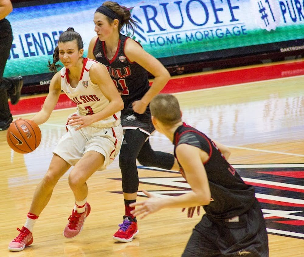 <p>Sophomore guard&nbsp;Carmen Grande fights to get past Northern Illinois' defense during the game on Jan. 28 in Worthen Arena. The Cardinals lost 101-96. Keegan Bosch // DN</p>