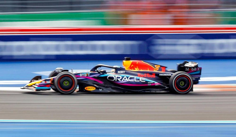 Dutch Formula One driver Max Verstappen of Red Bull Racing drives during the Formula One Miami Grand Prix at the Miami International Autodrome on Sunday, May 7, 2023, in Miami Gardens, Florida. (Matias J. Ocner/Miami Herald/TNS)