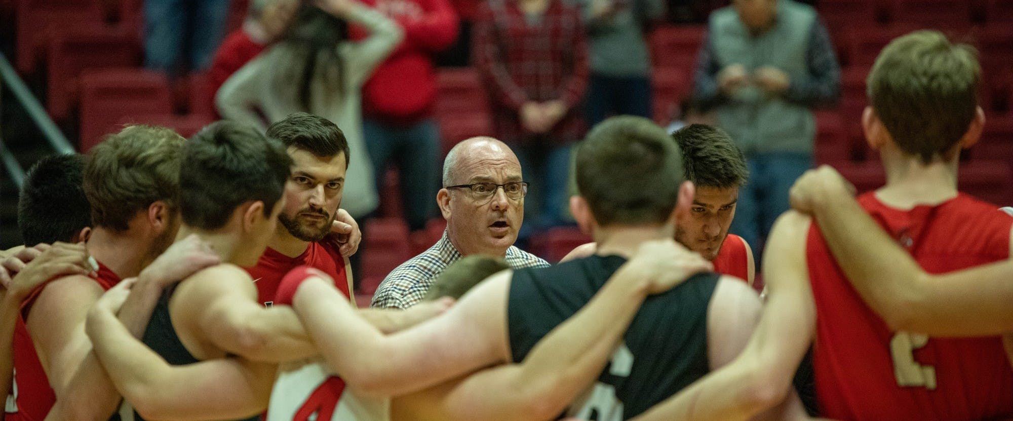 Ball State Head coach Joel Walton talks with his team after winning Feb. 8, 2020, at John E. Worthen Arena. Ball State's men's volleyball team brought the game back from being over 5 points behind into overtime. Joshua Smith, DN