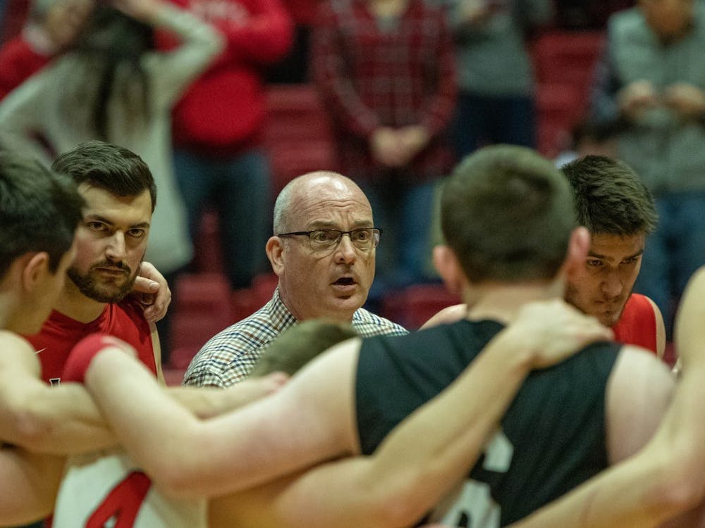 Ball State Head coach Joel Walton talks with his team after winning Feb. 8, 2020, at John E. Worthen Arena. Ball State's men's volleyball team brought the game back from being over 5 points behind into overtime. Joshua Smith, DN