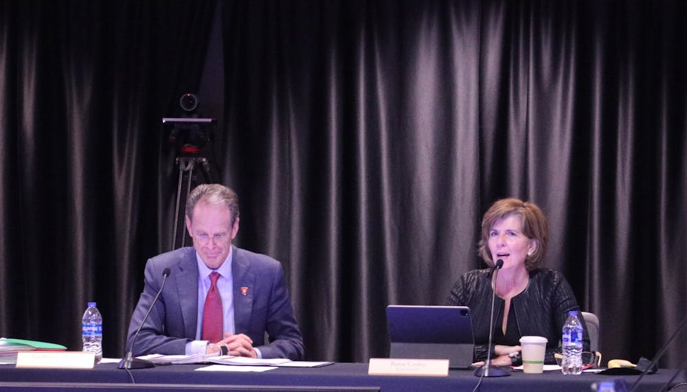 <p>Ball State President Geoffrey Mearns and Ball State Board of Trustees ﻿Chair Renae Conley lead the Board of Trustees meeting May 5 at the L.A. Pittenger Student Center. Hannah Amos, DN</p>