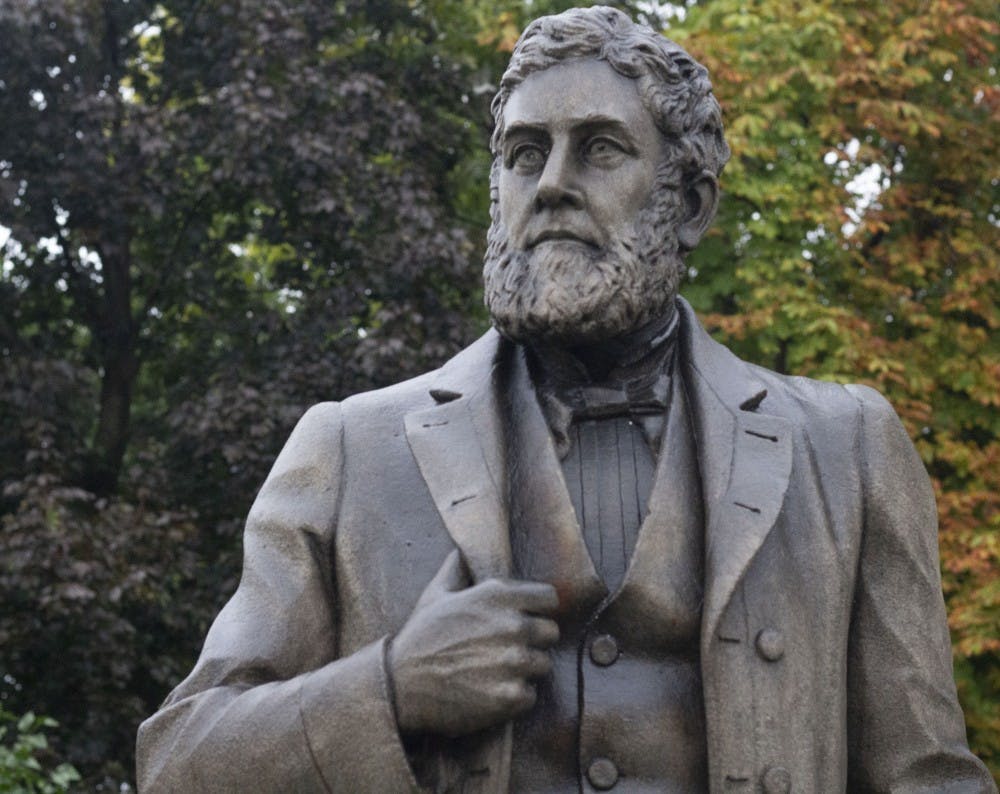 The statue of Charles Willard looks out from the Delaware County Historical Society. Willard is of downtown Muncie’s oldest business owners. Patrick Murphy, DN