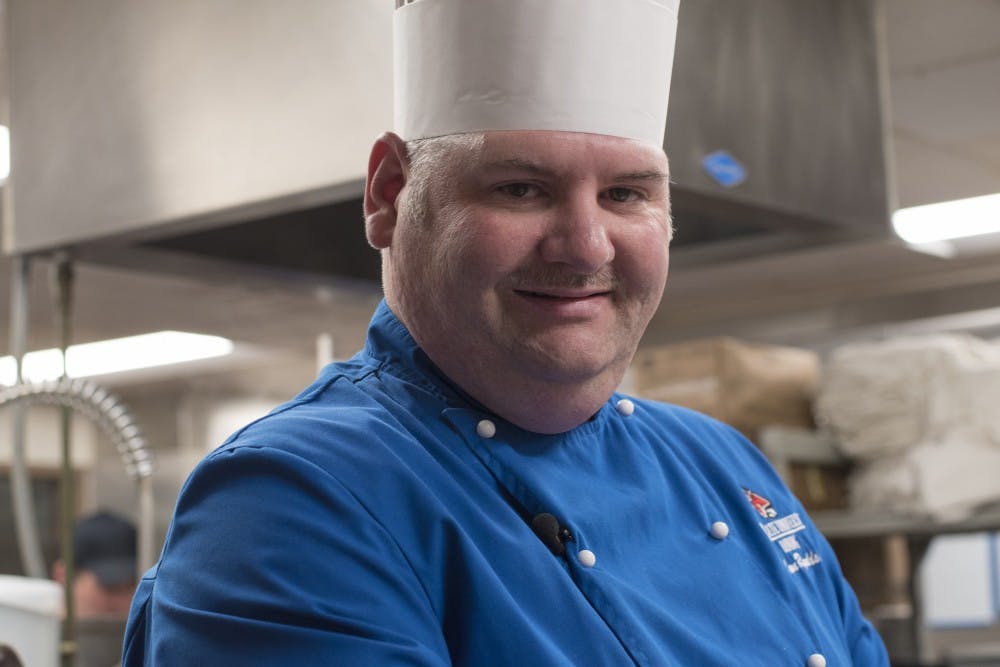 <p>Chef Jason Reynolds&nbsp;is the <a href="http://www.ballstatedaily.com/article/2016/04/features-behind-the-kitchen-chef-jason-provides-look-inside-ball-state-dining">chef</a> for the Student Center Tally Food Court and has been at Ball State for the past 18 years. Reynolds creates limited-time breakfast and sandwich specials and prepares daily made-to-order entrées at the&nbsp;Chef Station every weekday from 11 a.m. to 1:30 p.m. <em>Stephanie Amador // Photo Courtesy</em></p>