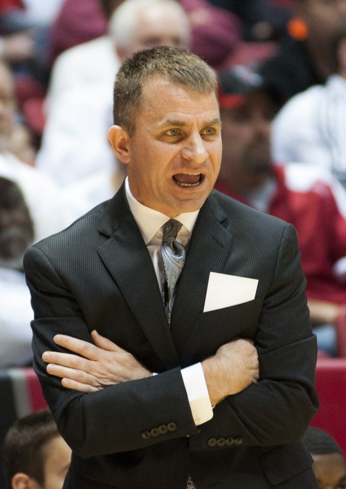 Head coach James Whitford talks from the sidelines during the game against Butler on Nov. 23. This is his first season at Ball State. DN PHOTO JONATHAN MIKSANEK