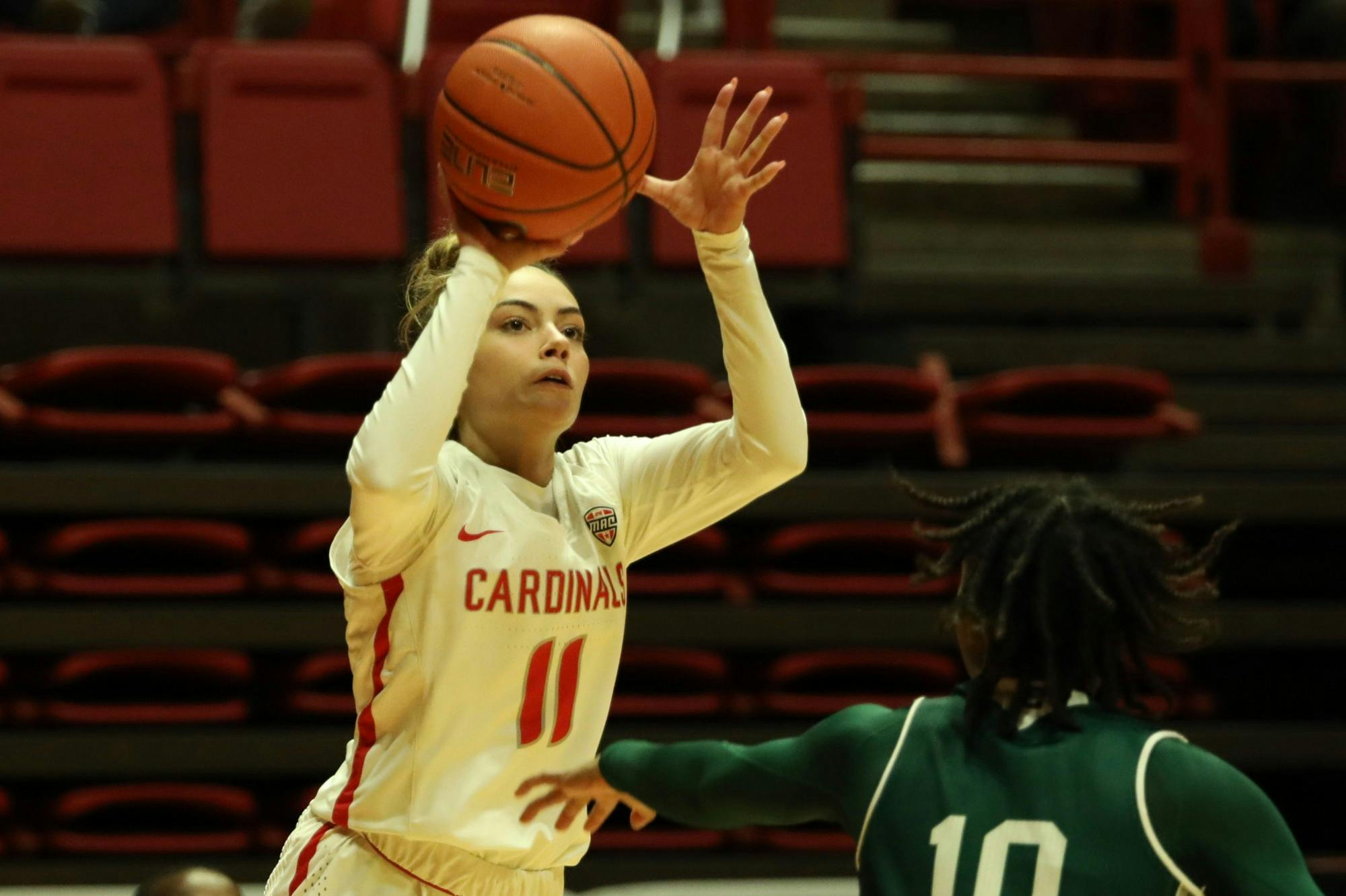 Ball State Cardinals sophomore guard Sydney Freeman shoots a three-pointer in the fourth quarter in a game against the Eastern Michigan Eagles Dec. 2, 2020, at John E. Worthen Arena. The Cardinals lost to the Eagles 77-58. Jacob Musselman, DN