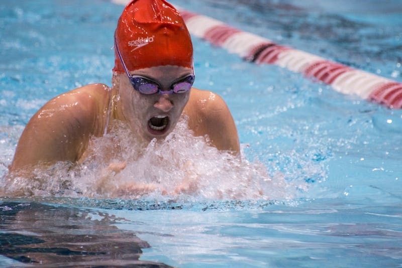 Kimmy Scott swims the 200 yard individual medley at the Red and White meet in the Lewellen Pool on Oct. 8, 2016.The red team won 117-105.  Kaiti Sullivan // DN