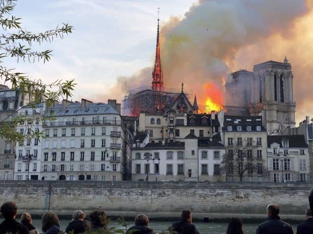 The view of the fire that engulfed Notre Dame Cathedral in Paris. The fire burned for 12 hours and destroyed the spire and rose windows on the cathedral. (TNS)