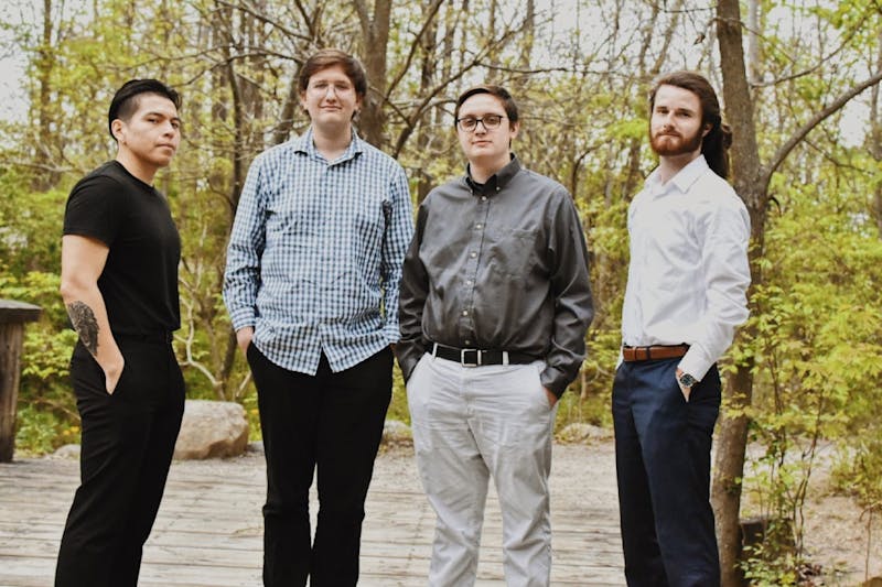 Jacob Smith (right center) stands with the other members of his jazz group &quot;The Jacob Smith Quartet&quot; — Diego Balseca, Sam Green and Alec Kosla — ahead of their District Theatre performance in Indianapolis June 4, 2021. The opportunity to perform came from Ball State Professor of Music Performance Mark Buselli. Jacob Smith, Photo Provided