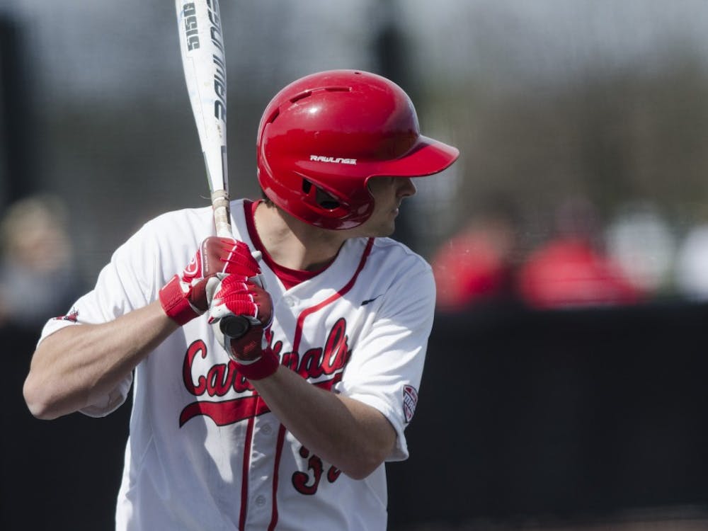 Senior outfielder Matt Eppers waits for a pitch during the game against Ohio University on April 2 at the First Merchants Ballpark Complex. Ball State lost 10-0, bringing the Cardinals losing streak to eight games in a row. Emma Rogers // DN 