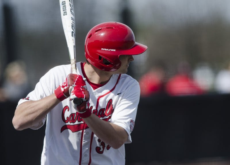 Senior outfielder Matt Eppers waits for a pitch during the game against Ohio University on April 2 at the First Merchants Ballpark Complex. Ball State lost 10-0, bringing the Cardinals losing streak to eight games in a row. Emma Rogers // DN 