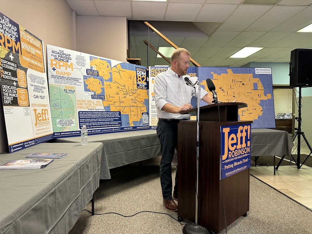 <p>Muncie City Council President and Democratic candidate for mayor Jeff Robinson speaks at a press conference at the Delaware County Democrat Headquarters Sept. 12. Robinson announced his plan for infrastructure, which includes road paving and maintenance, at the event. Daniel Kehn, DN</p>