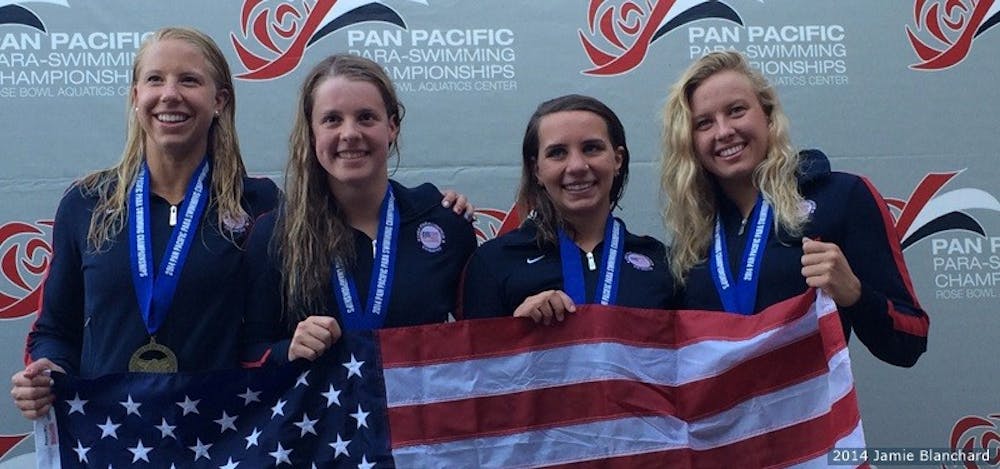 <p>Swimmer Elizabeth Smith (third from left), a graduate of Muncie Central High School, qualified for the Paralympics in four events during the Paralympic Trials in Charlotte, North Carolina.&nbsp;The Paralympics will be in Rio de Janeiro, Brazil, from September 7-18. <em>PHOTO COURTESY OF TEAMUSA.ORG</em></p>
