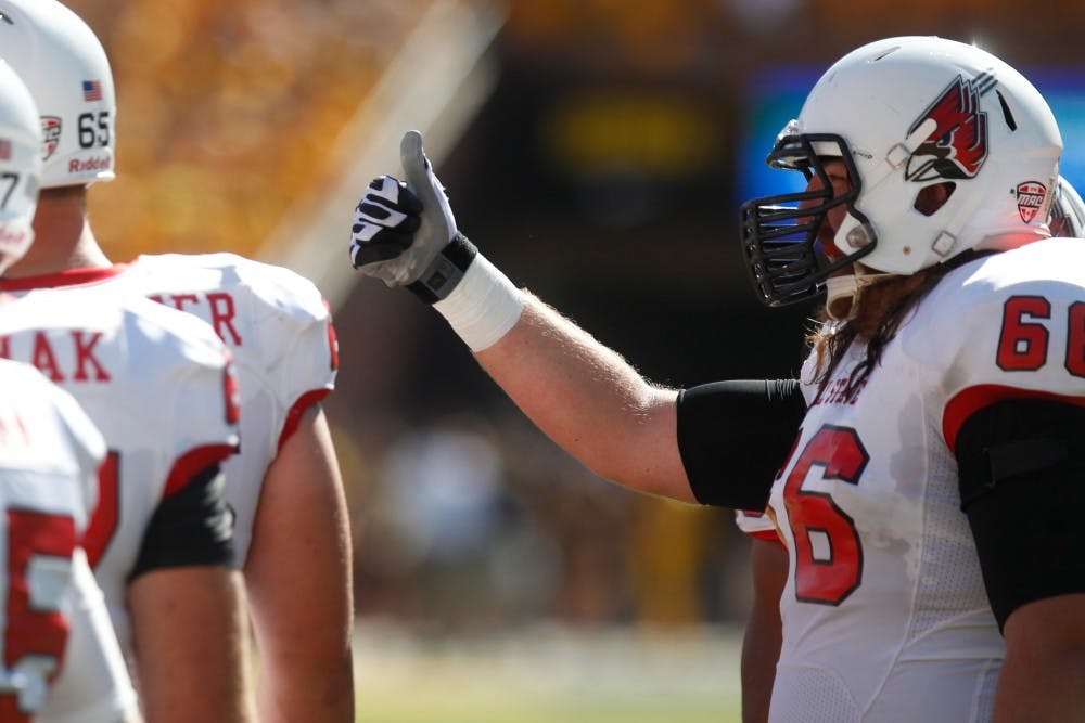 Ball State offensive lineman Steven Bell reacts to a play on Sept. 6 in Kinnick Stadium. Iowa defeated Ball State, 17-13. (The Daily Iowan/Tessa Hursh)