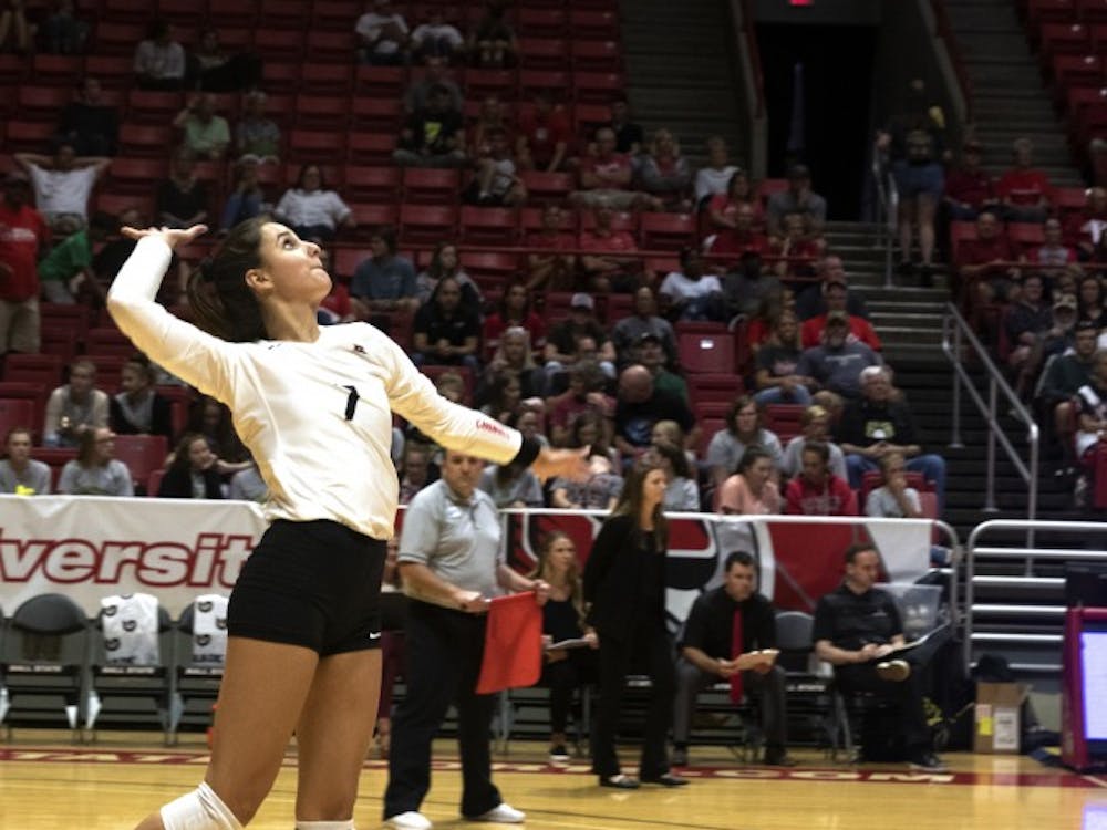 Freshman outside hitter, Natalie Risi (7), serves the ball during the first set of their match against Austin Peay on September 20, 2019, at Worthen Arena. Ball State won the match 3-0. Jaden Whiteman, DN