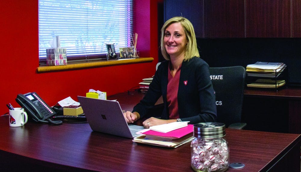<p>Director of Athletics Beth Goetz in her office at the Health and Physical Activity Building. <strong>Eric Pritchett, DN File</strong></p>